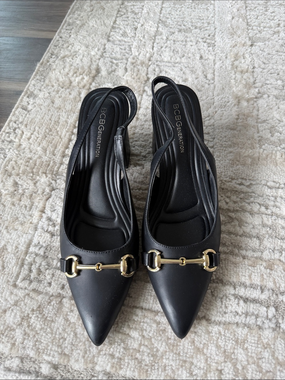 BCBGeneration Black Pointed Slingback Flats with Gold Bit